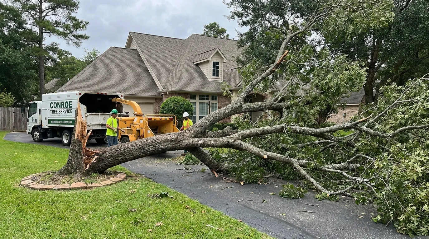 Storm-damaged tree fallen across a Conroe driveway