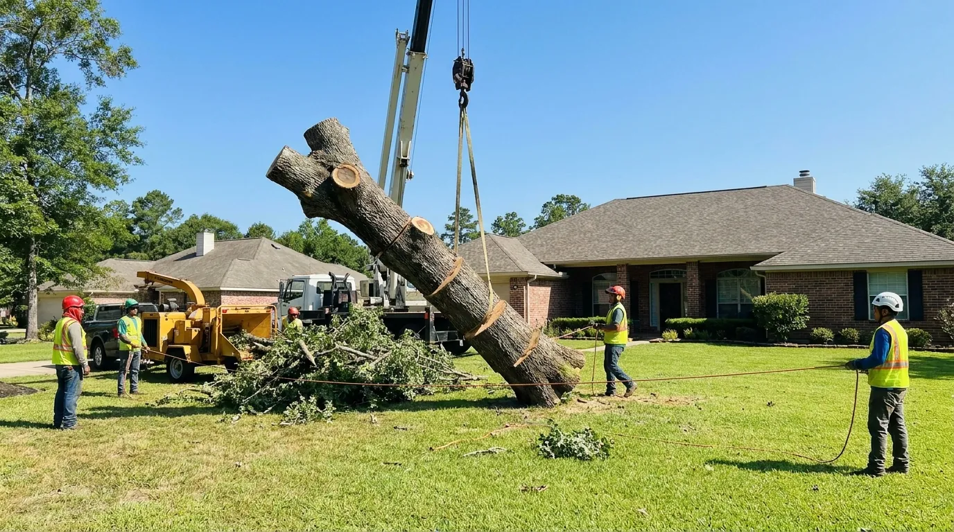 A crew removing a large tree from a residential yard in Conroe, Texas
