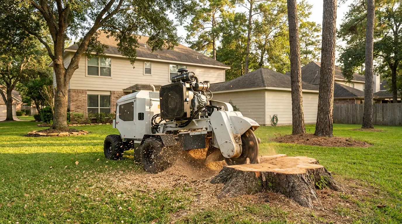 Stump grinder reducing a tree stump in a Conroe yard