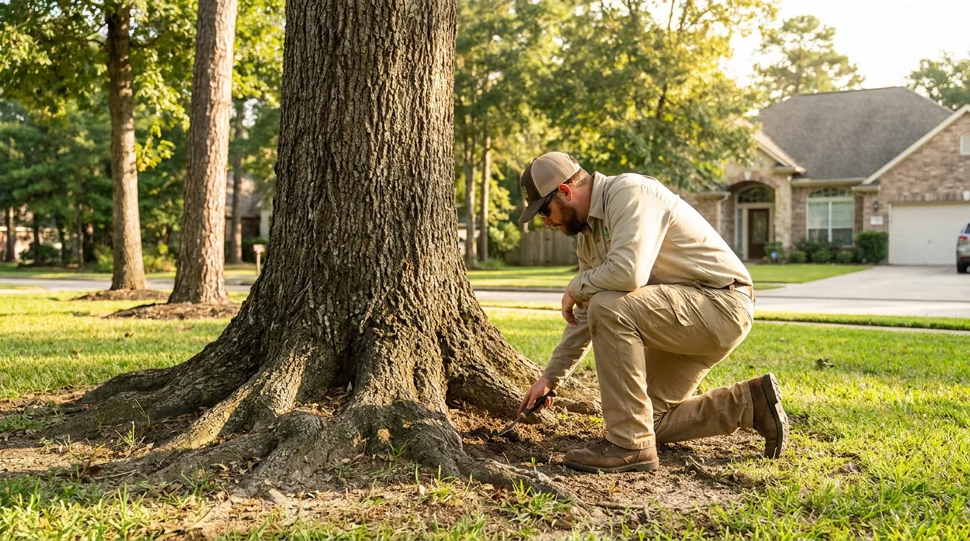Inspecting the trunk and root flare of a mature oak in Conroe