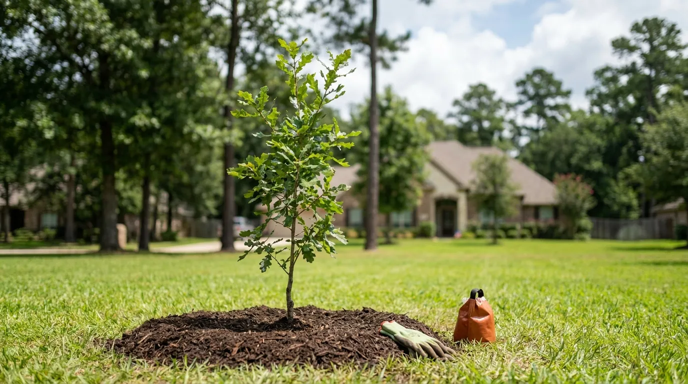 Newly planted replacement tree with mulch ring in a Conroe yard
