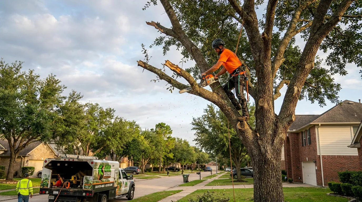 Arborist pruning storm-damaged limbs from a mature tree in Conroe