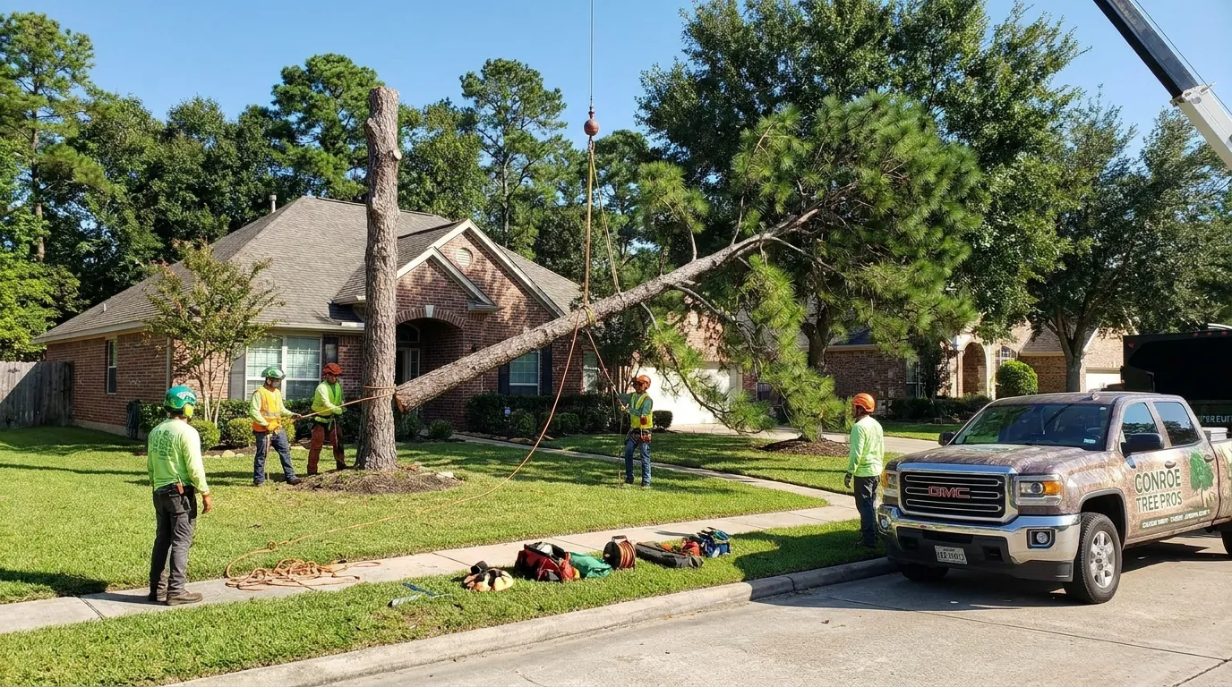 Tree crew working on a residential lot in Willis, Texas
