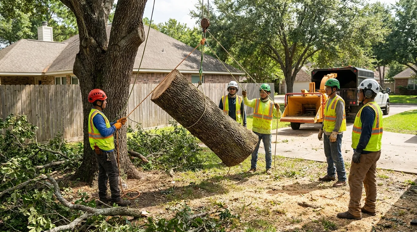 Crew removing a large tree in a Conroe backyard