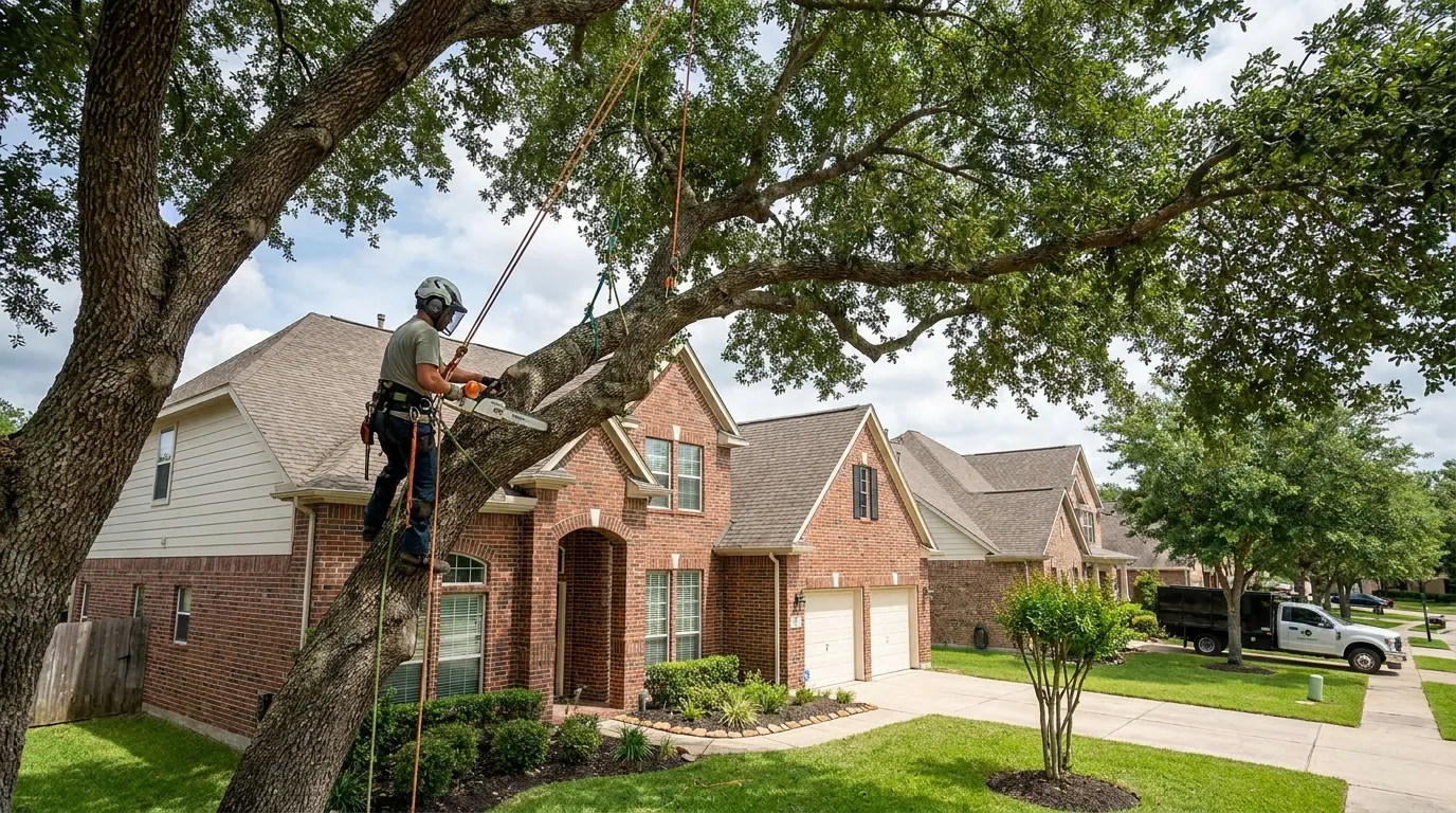Arborist pruning a large oak over a Conroe home